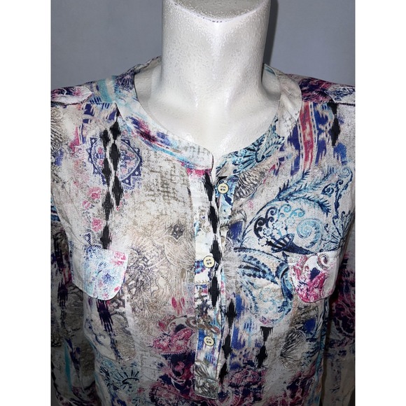 Chicos Top Size L (2) Colorful Button Cotton Office Light Weight Sheer LS Shirt - Picture 2 of 6